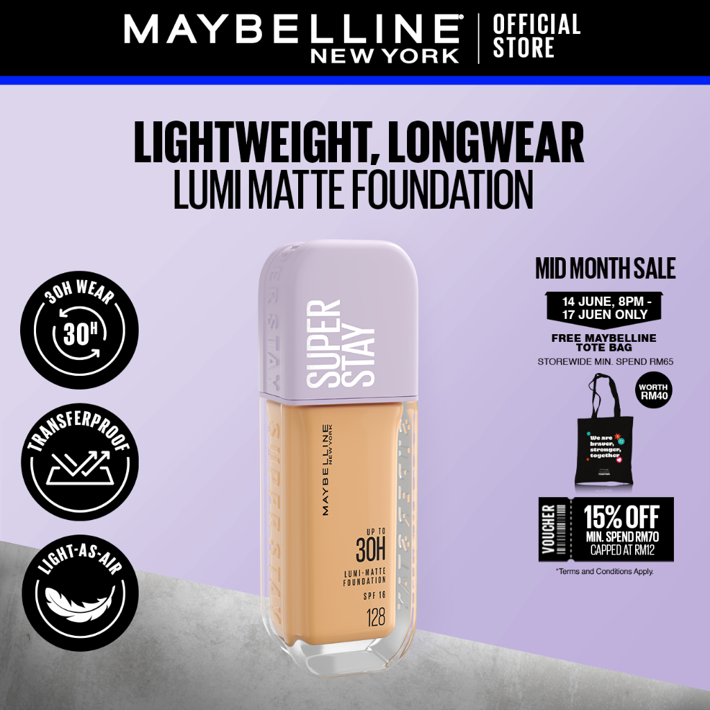 Maybelline Super Stay Lumi-Matte Foundation - 30H Longwear Light-as-Air Lightweight Waterproof Full Coverage