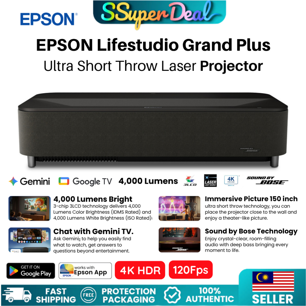 EPSON Lifestudio Grand Plus 4K HDR 150 inch Throw Laser Projector 4,000 ISO Lumens Google TV Gemini Netflix Bose Dolby