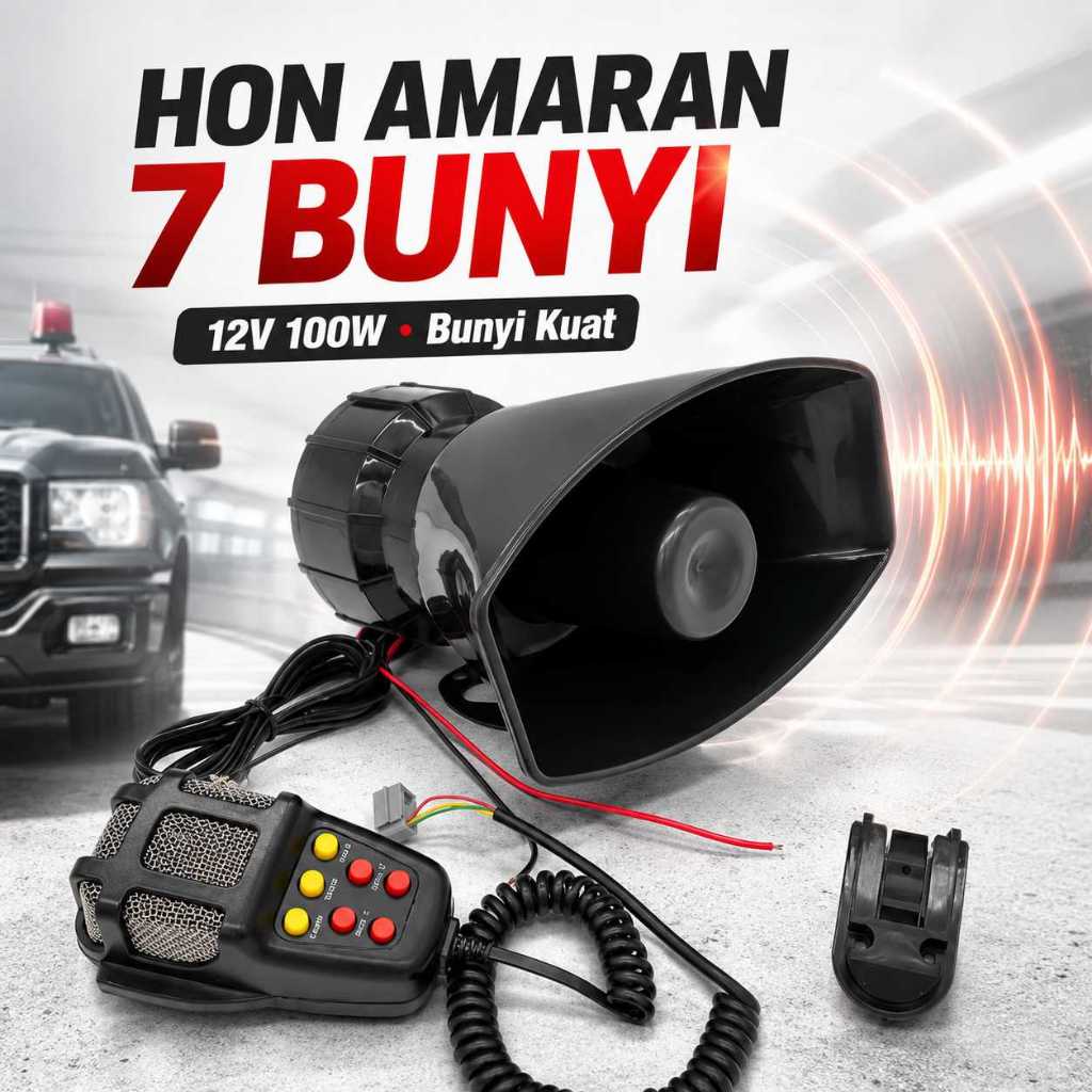 Siren Kereta 12V 100W 7 Tone Mikrofon Pegang, Horn PA Amaran untuk Lori Bot Van Truck Mudah Pasang Bunyi Jelas
