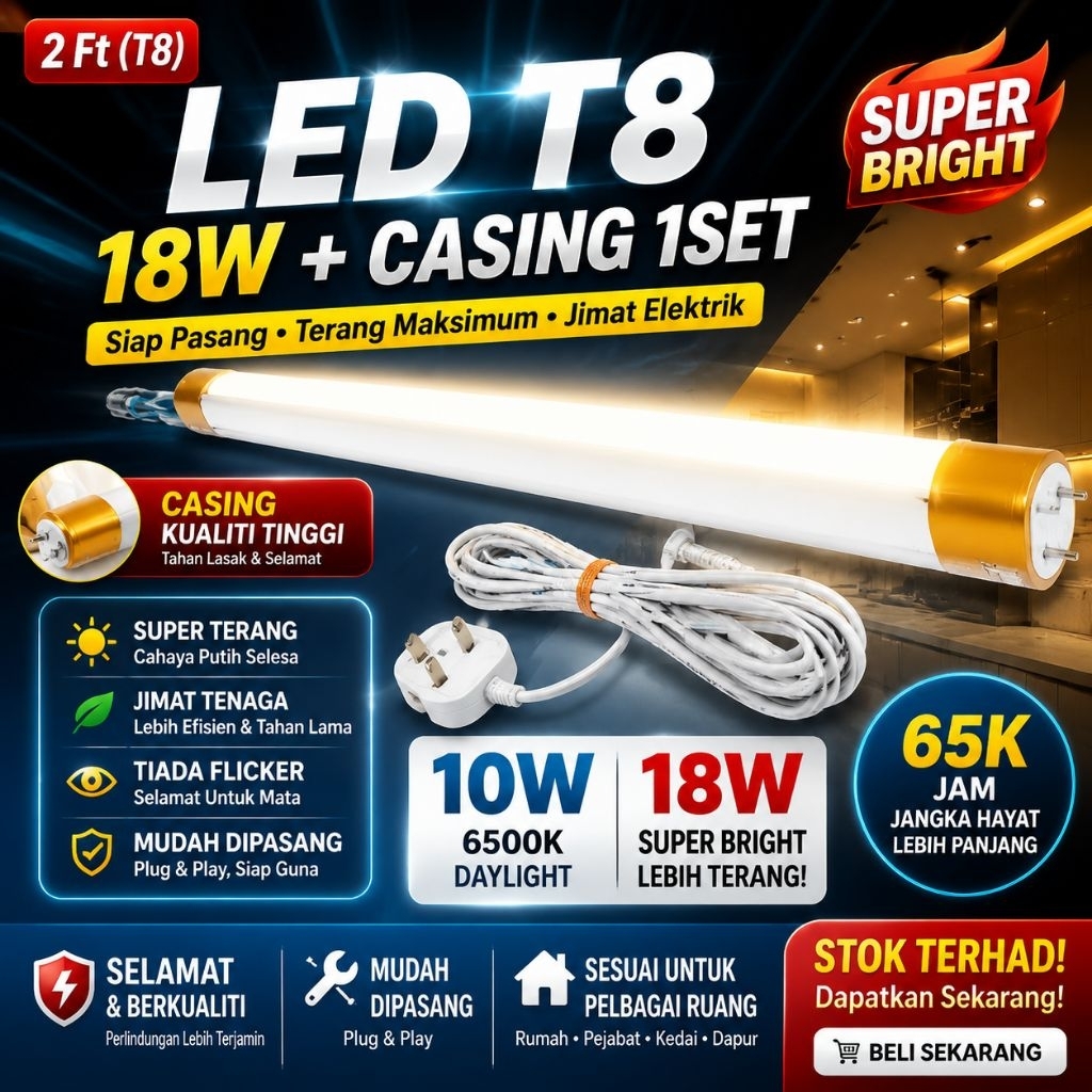 Cahaya siang 6500K • Terang & jimat •
Siap dipasang • Terus sambung elektrik •

Lengkap dengan casing