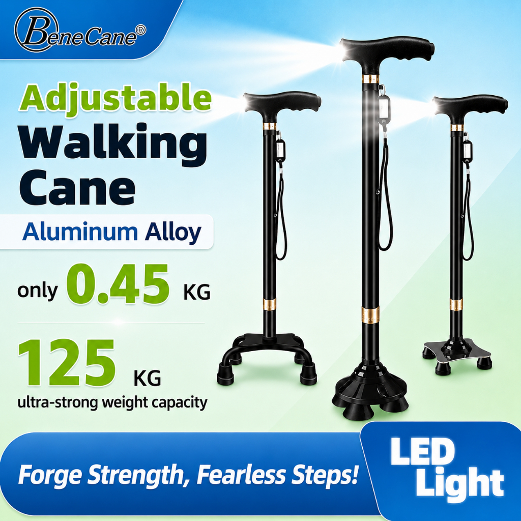 Adjustable Walking Quad Cane with LED Light Tongkat Lightweight Stick for Adult Seniors Elderly