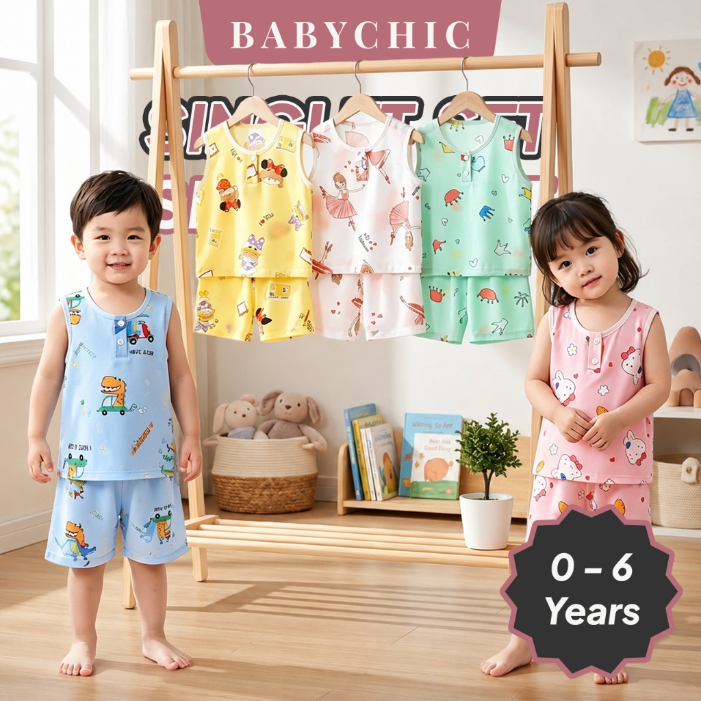 Kids Singlet Shorts Set 0-6 Years Set Baju Tanpa Lengan Seluar Pendek Budak Button Soft Wear New