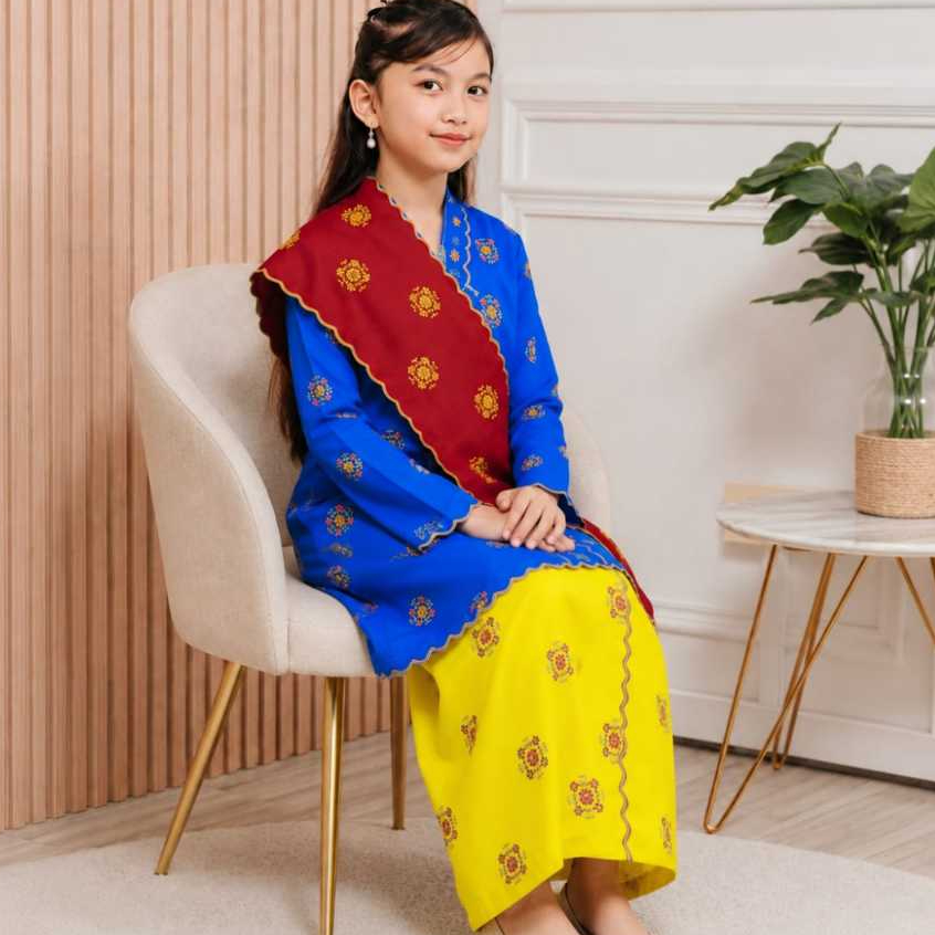SHAZIA – Baju Kebaya 3 Set Merdeka Budak + free veil| ROYAL BLUE ComoCrepe Printed