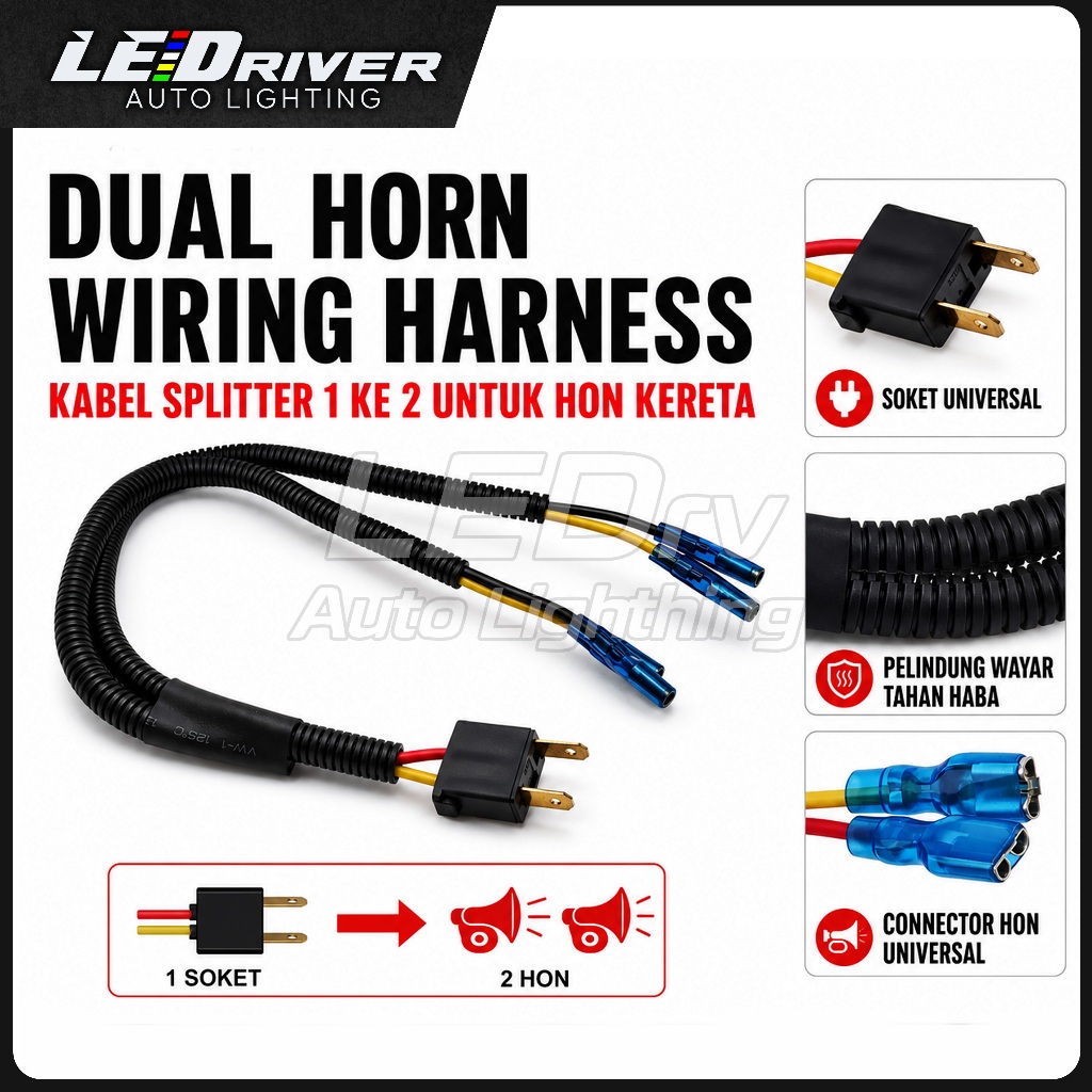DUAL HORN WIRING HARNESS – KABEL SPLITTER 1 KE 2 UNTUK HON KERETA