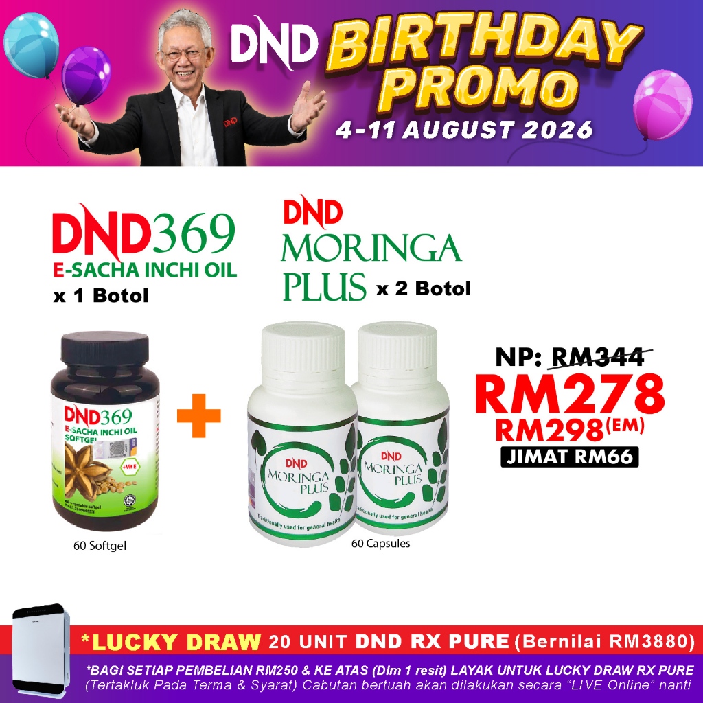 DND Moringa Plus (2 Botol x 60 Biji) + DND 369 E-Sacha Inchi Oil Softgel (1 Botol x 60 Biji)