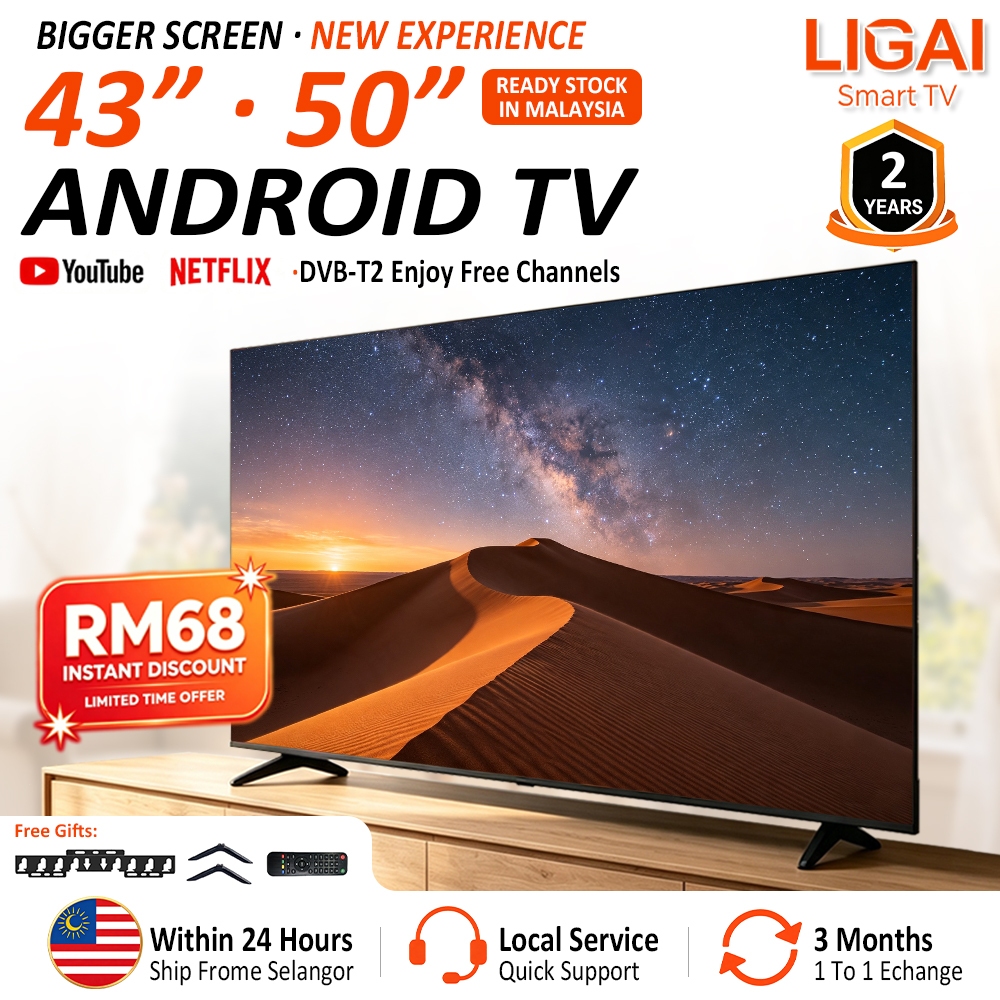 LIGAI 43" 50" Televisyen 32/55inch Android Smart TV DVB-T2 MYTV Netflix YouTube HDMI HD LED TV Murah