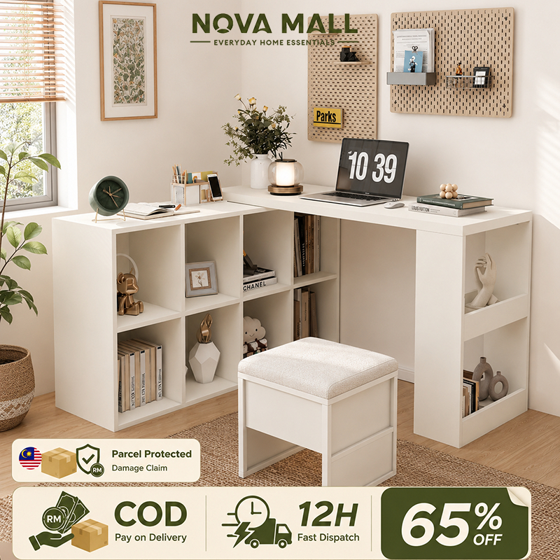 NV-Solid Wood Meja Belajar Office Table120/100cm With Storage Cabinet White Living Room Furniture 办公桌