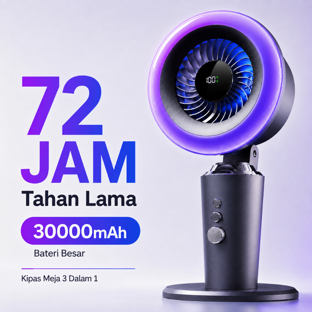Kipas Table Fan | 3-in-1 Desk Fan USB Rechargeable 30000mAh | 100-Speed Kipas Meja with LED Digital Display