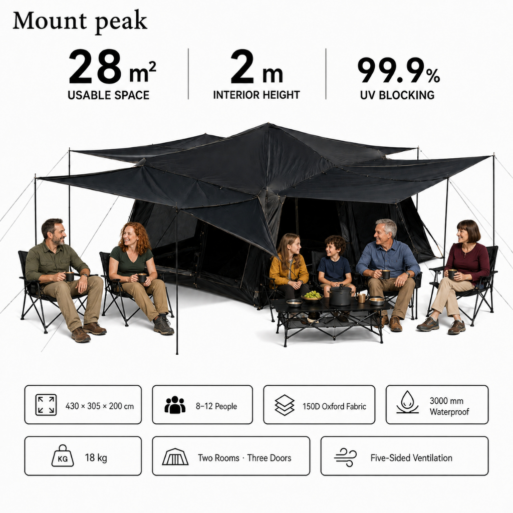 Mount Peak Khemah unta Outdoor camping tent, 8-12 person full coverage, silver-coated rainproof tent.