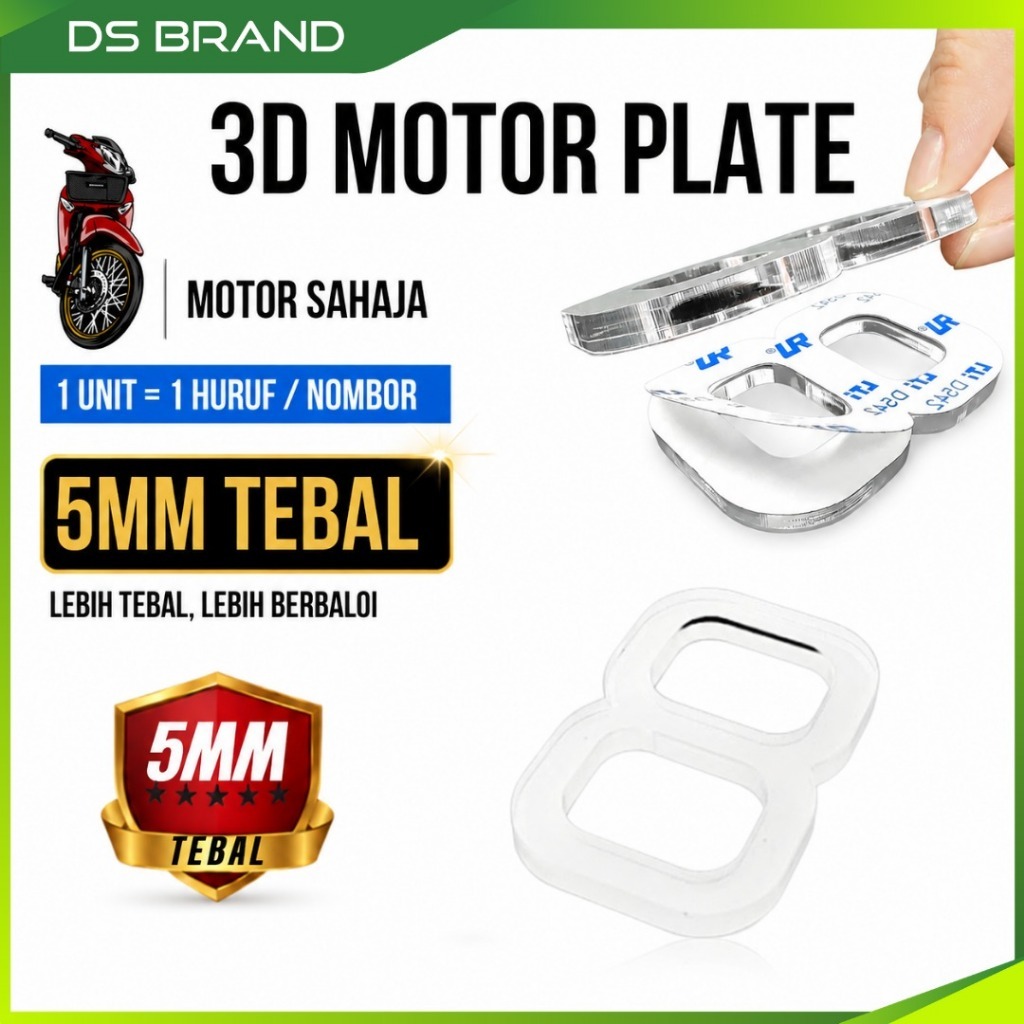 Nombor Plat Motor 3D / Motor 3D Crystal White Number Plate / Number 3D Plate Motor 5mm / Huruf Nombor Motorcycle Number