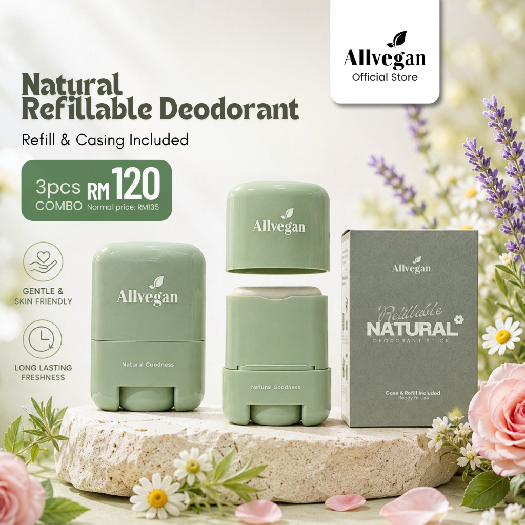 ALLVEGAN Refillable Natural Deodorant Stick - Case & Refill Included (Ready to use)
