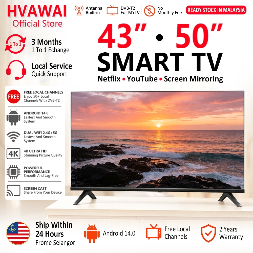 [Free Shipping]HVAWAI 43" 50" Televisyen Murah Smart TV 32/55 inch DVB-T2 MYTV HDMI Netflix YouTube HD LED Android Tv