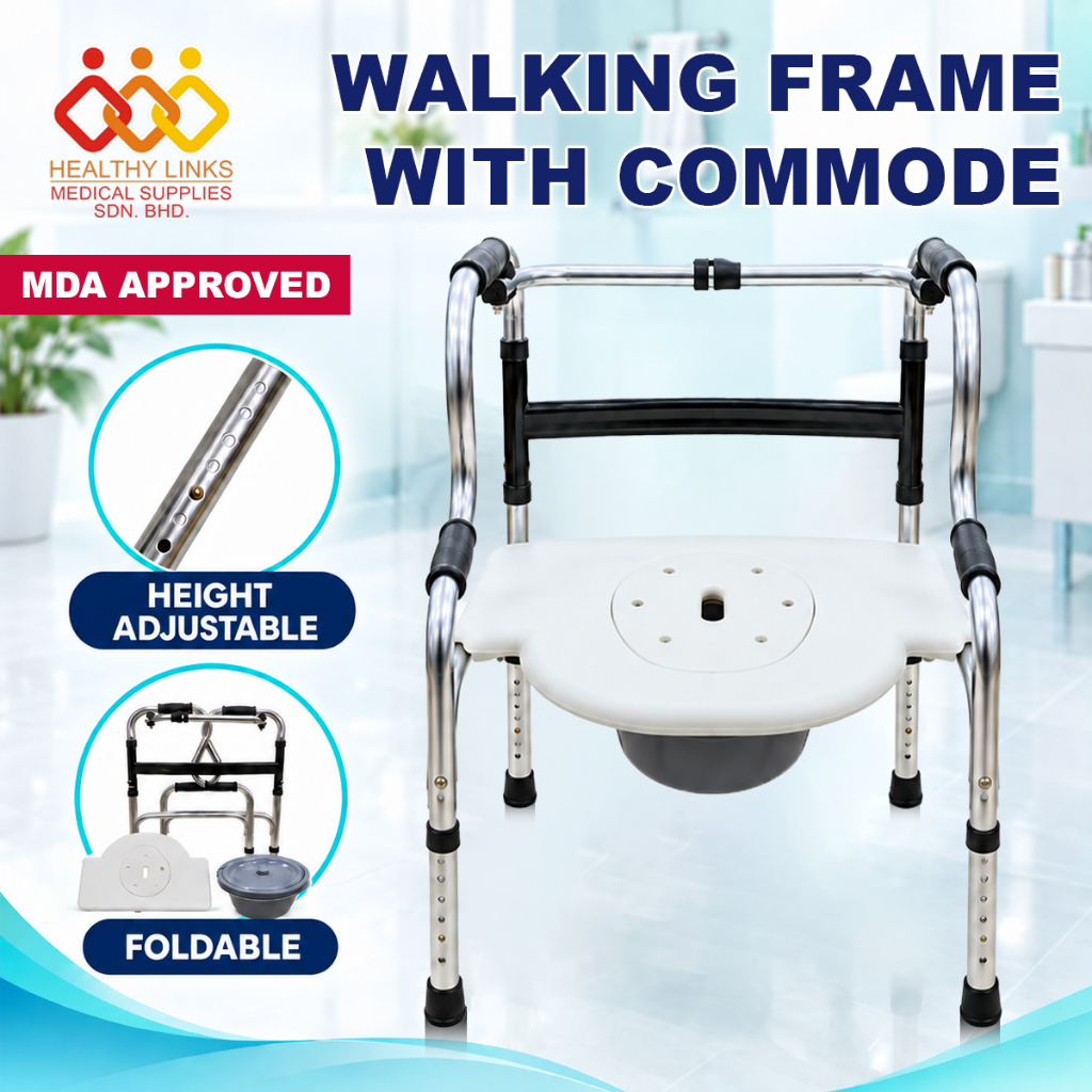 Multifunction Foldable Aluminium Raise Up Walking Frame Walking Aid with Commode Tongkat Bantu Jalan