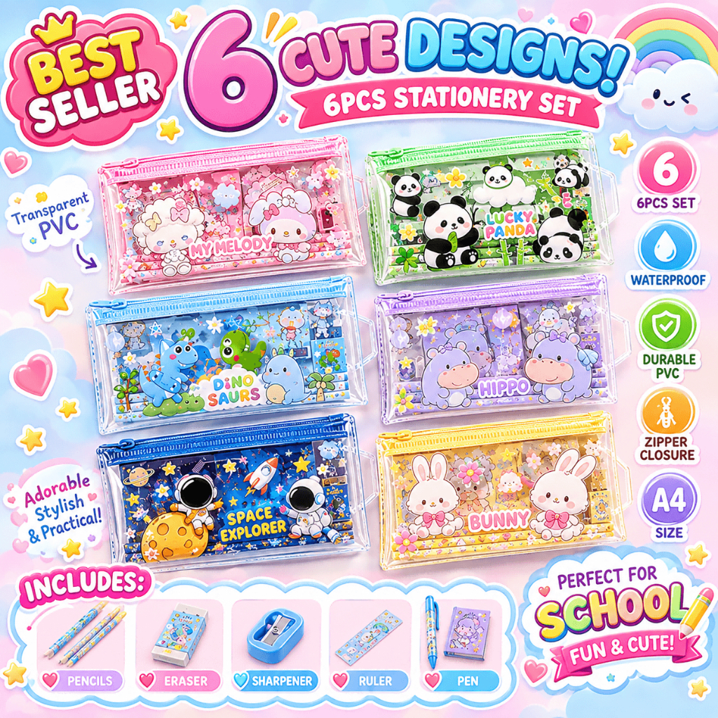 6 Gaya Kawaii Cartoon 6Pcs Set Alat Tulis Kanak Kanak PVC Tahan Air dengan Pensil Pemadam Pengasah Pembaris Pen