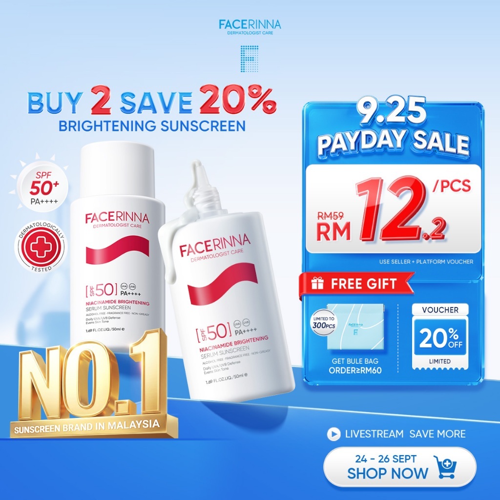 [TOP SELLER] FACERINNA Serum Sunscreen SPF50+ PA++++ Niacinamide Brightening UVA/UVB Defense, No White Cast Oil Control