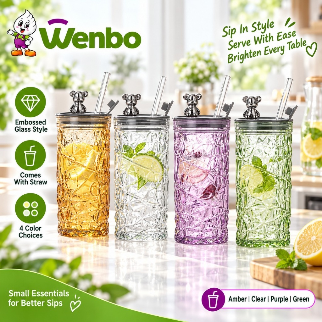 Wenbo Crystal Clear Transparent Glass Water Cup Diamond Bear Glass Cute Ins Style Juicer Mug Office Home Straw Cup