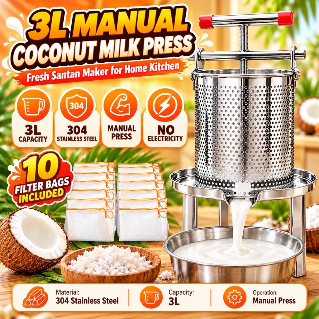 Mesin Perah Santan Kelapa Manual Coconut Milk Press Squeezer Juicer Extractor Stainless Steel Home Use