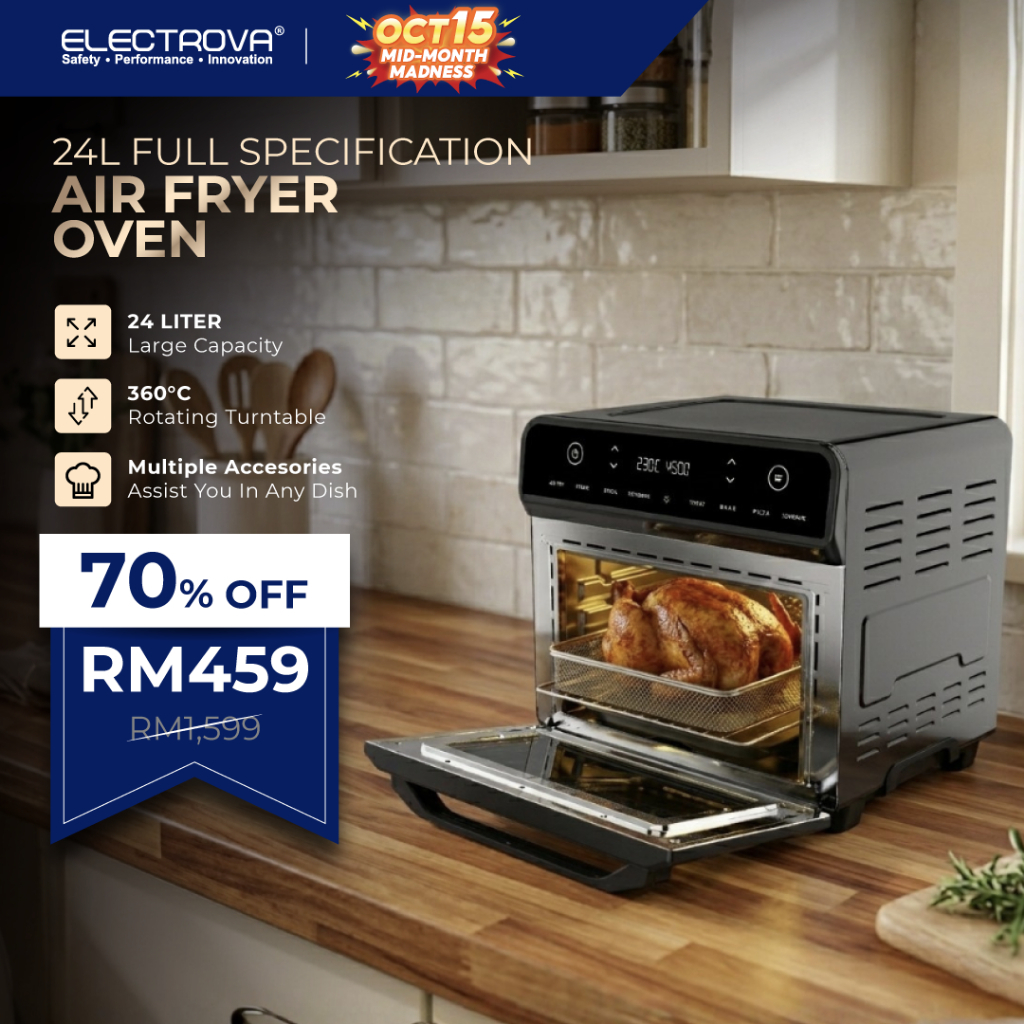 Electrova EcoWell 24L Air Fryer Oven | Extra Large Capacity | Rotisserie | Rotating Cage