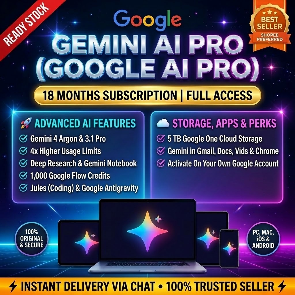 [READY STOCK] Google AI Pro / Gemini AI Pro 18 Months Subscription | 5TB Google One Storage + Gemini 4 Argon & 3.1 Pro