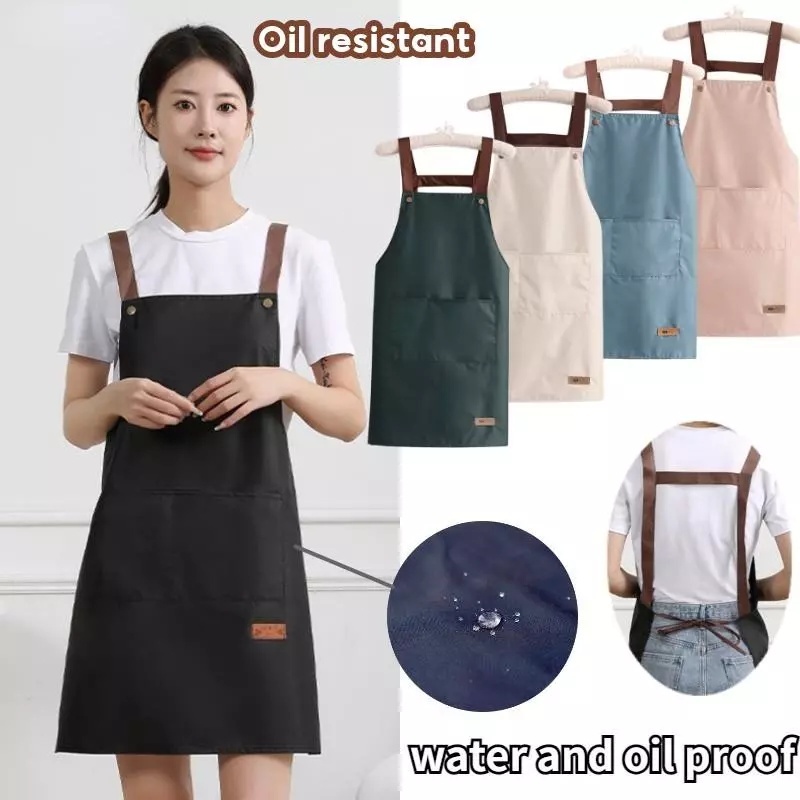 Apron Kitchen Cotton Apron Water Proof Kain Waterproof Oil-Proof PU Cafe Apron Barista Appron Dapur Black