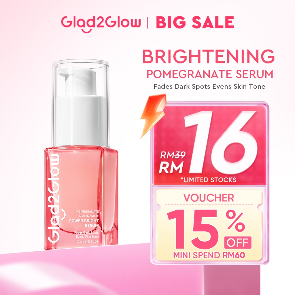 Glad2Glow Pomegranate Niacinamide Power Whitening muka glowing Wajah Brightening Serum 17ml Evens skin Tone skincare
