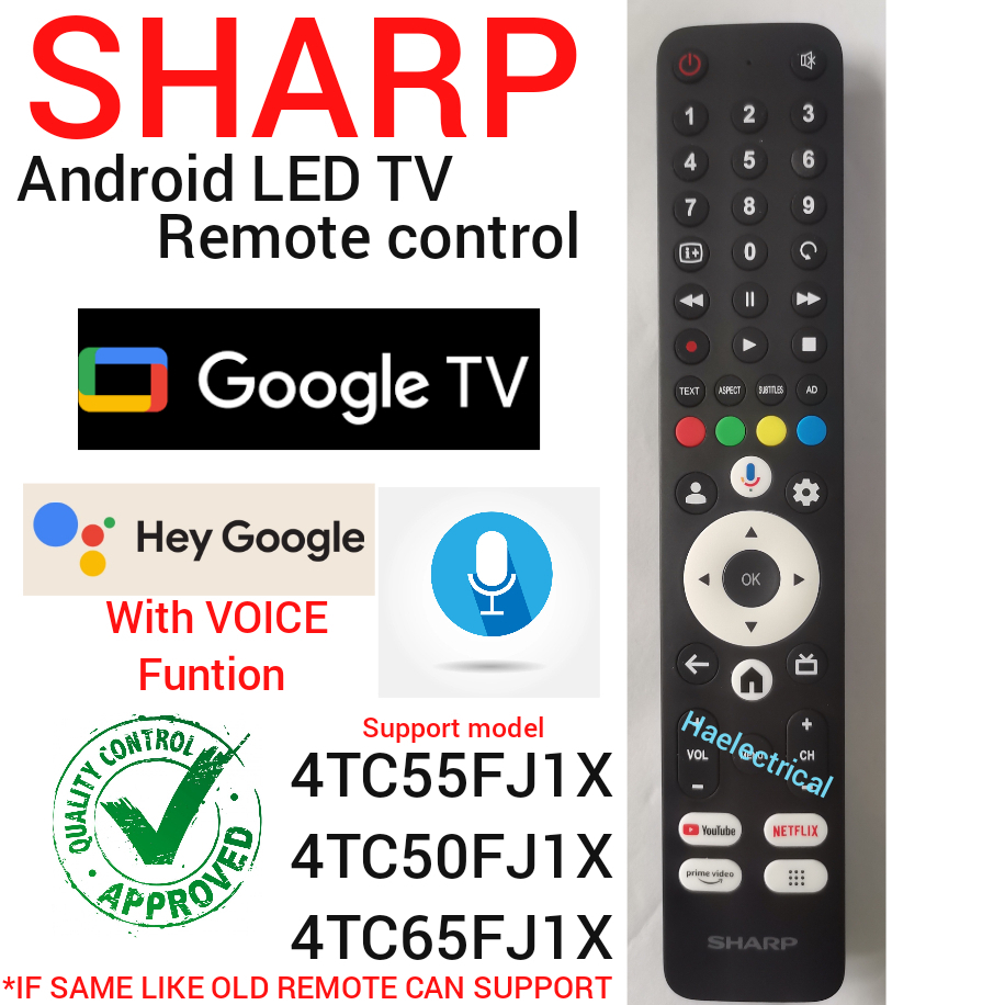 SHARP ANDROID 4K UHD HDR GOOGLE TV REMOTE CONTROL 4TC50FJ1X , 4TC55FJ1X , 4T-C65FJ1X , 4T-C75FJ1X