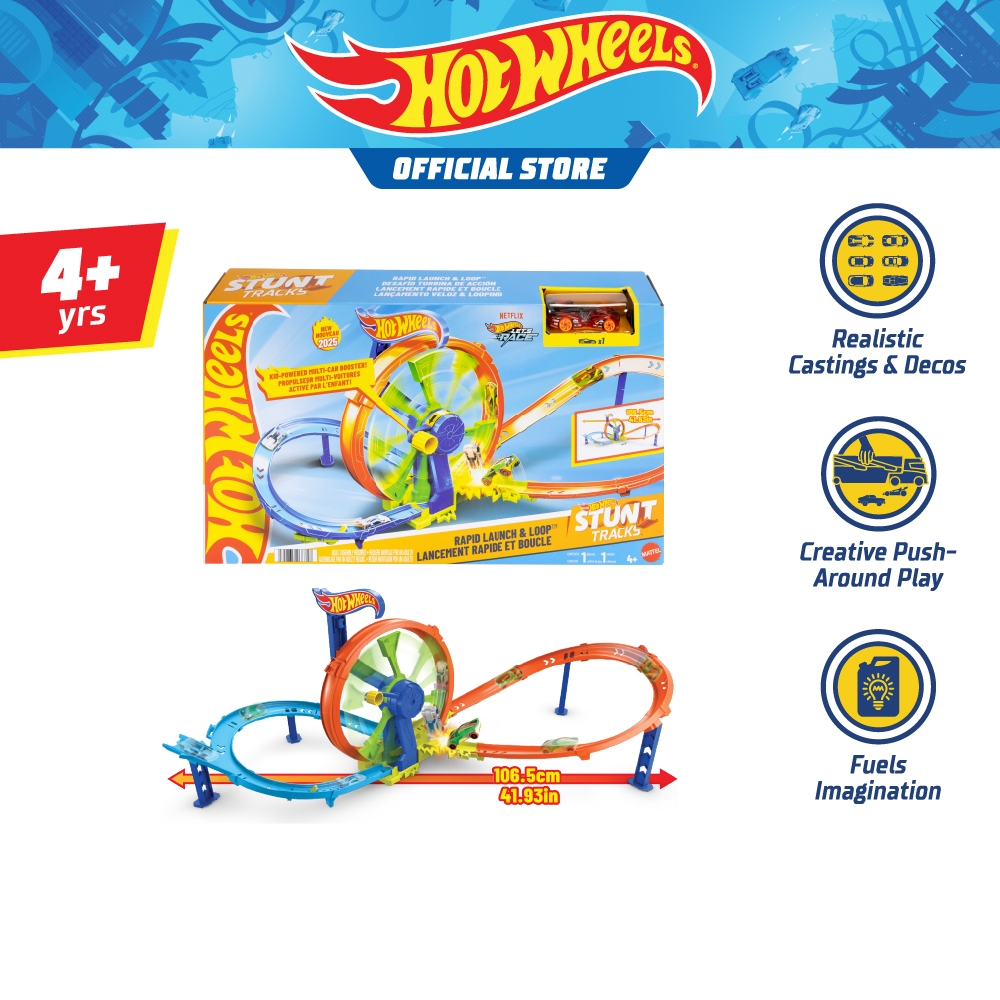 Hot Wheels Rapid Launch & Loop Playset With 1:64 Scale Die-Cast Toy Car, Crash & Track Set (JBX65)