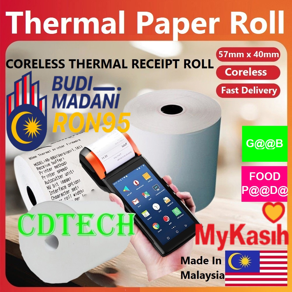 Thermal Paper Roll 57mm x 40mm CORELESS Kertas Receipt foodpanda Food Panda 57x40 My kasih machine budi madani ron95