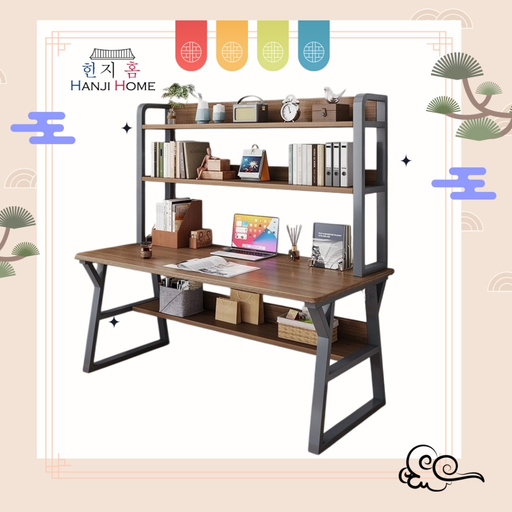 Hanji【JYJU】Meja Modern Computer Desk with Bookshelf & Storage Racks Strong Metal Frame Wide Worktop Office Study Table
