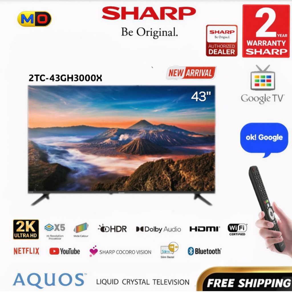 [FREE SHIPPING] SHARP 43' AQUOS Google TV 2TC-43GH3000X Slim Bezel Youtube Netflix Android Smart TV 2K FULL HD 43"液晶电视