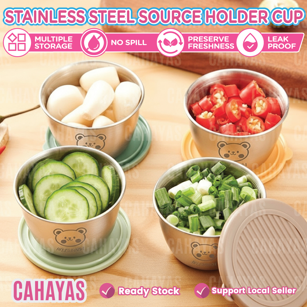 Harga Borong [M’sia Stock] 50ML Stainless Steel Cute Bear Sauce Cup with Lid for Salad Ketchup Dipping Seasoning Box