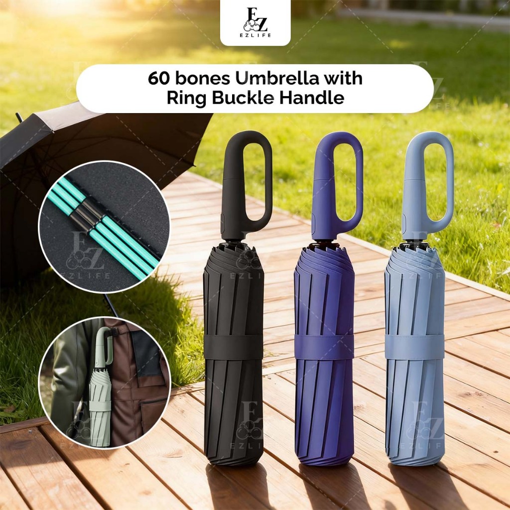 Ezlife 60 bones Umbrella Ring Buckle Handle Fully Automatic 10 ribs Folding UV Big Size Automatik Payung Lipat besar 雨伞