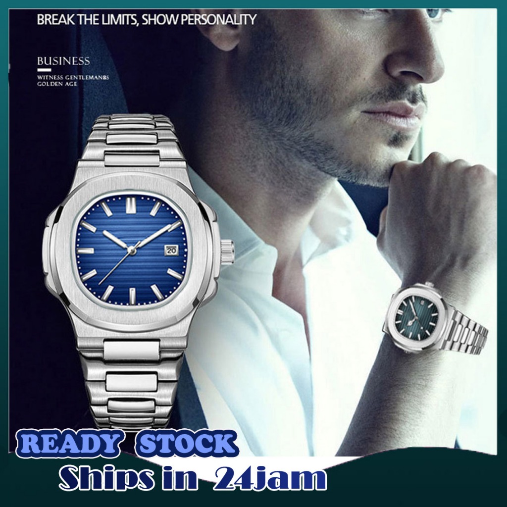Men Watch Luxury Octagonal Blue Dial Stainless Steel Watch Band Analog Watch Business Waterproof with Calender Fash