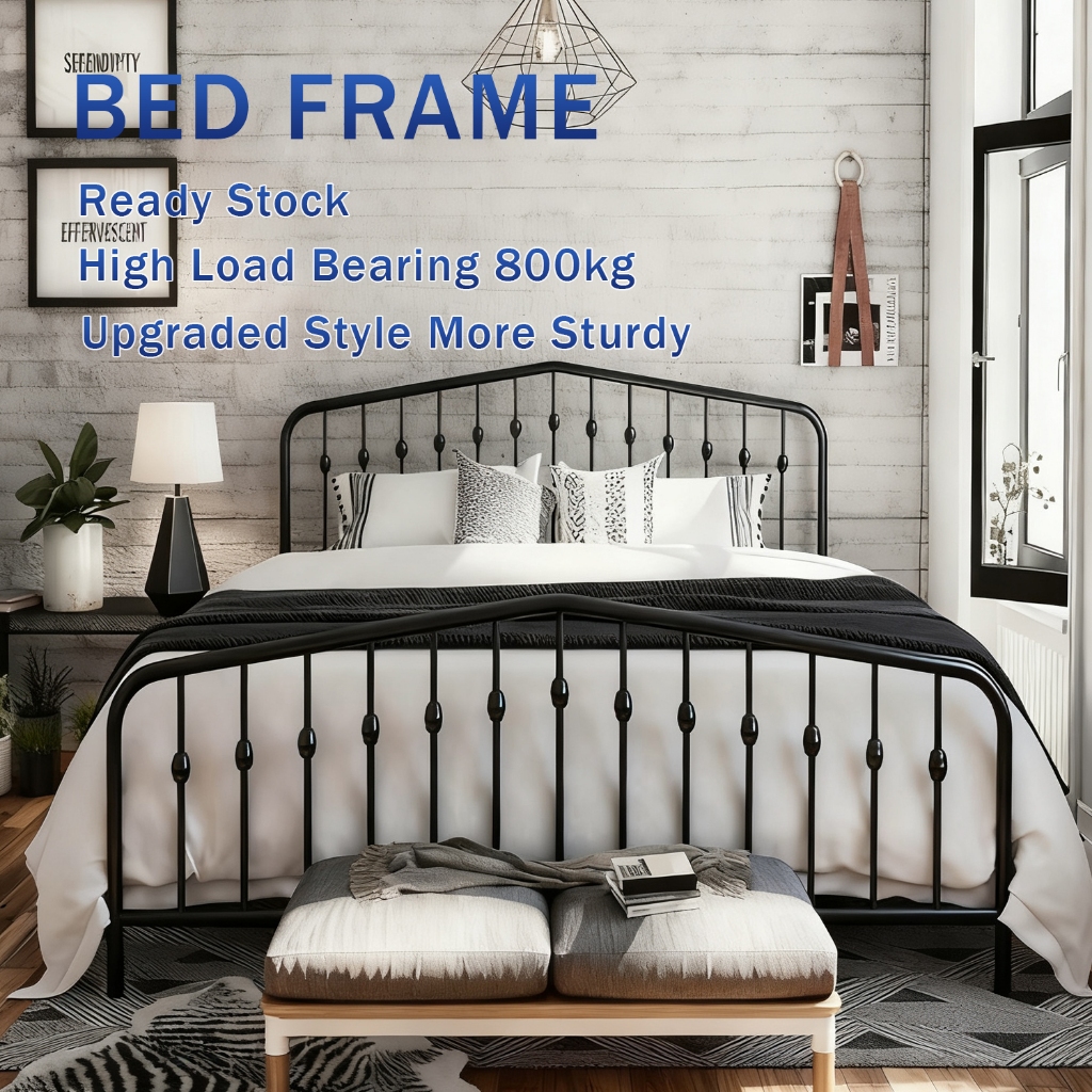 Queen Size Vintage Metal Platform Bed Frame with Victorian Style Iron Headboard King Size Rangka Katil High load-bearing