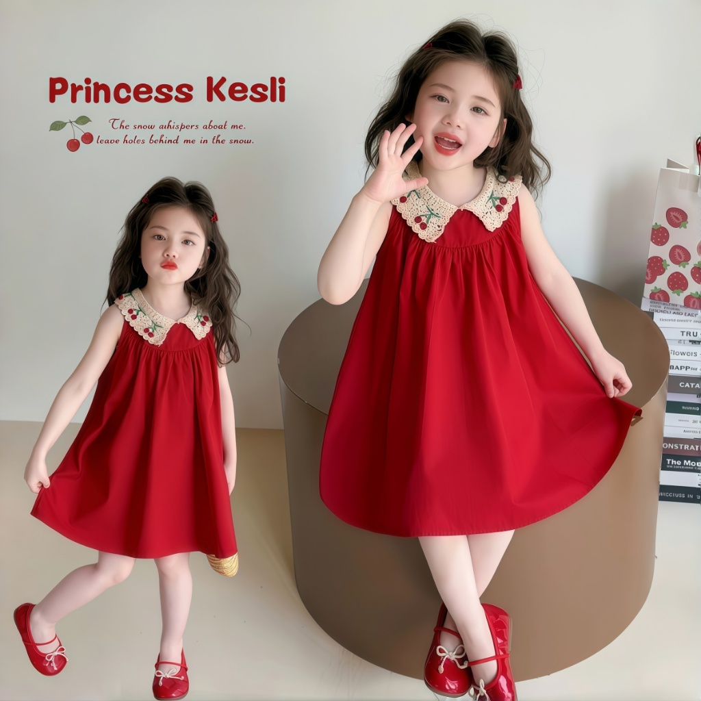 PRINCESS KESLI 1-12 Years Kids Dress For Girls Red Sleeveless Dresses Baju Budak Perempuan Gaun Kanak-kanak Perempuan