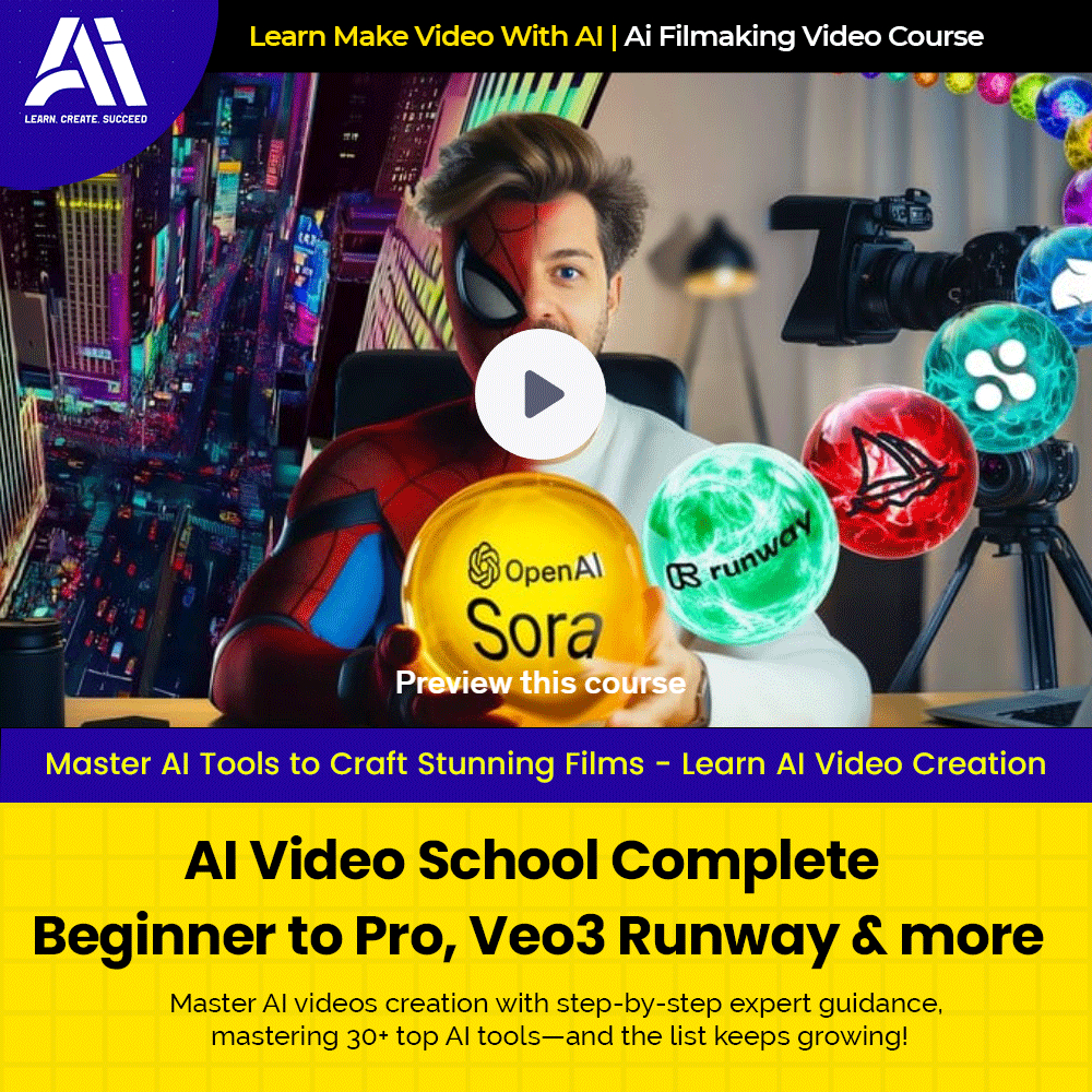 Video Course - AI Video School Complete Beginner to Pro, Veo3 Runway & more |  Ai Make Video | Make Video With AI