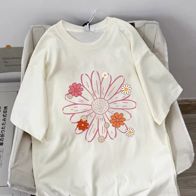 Amerika style women clothing | Oversized Crew Neck T-shirt 100% cotton | flower print  stylish casual tops y2k