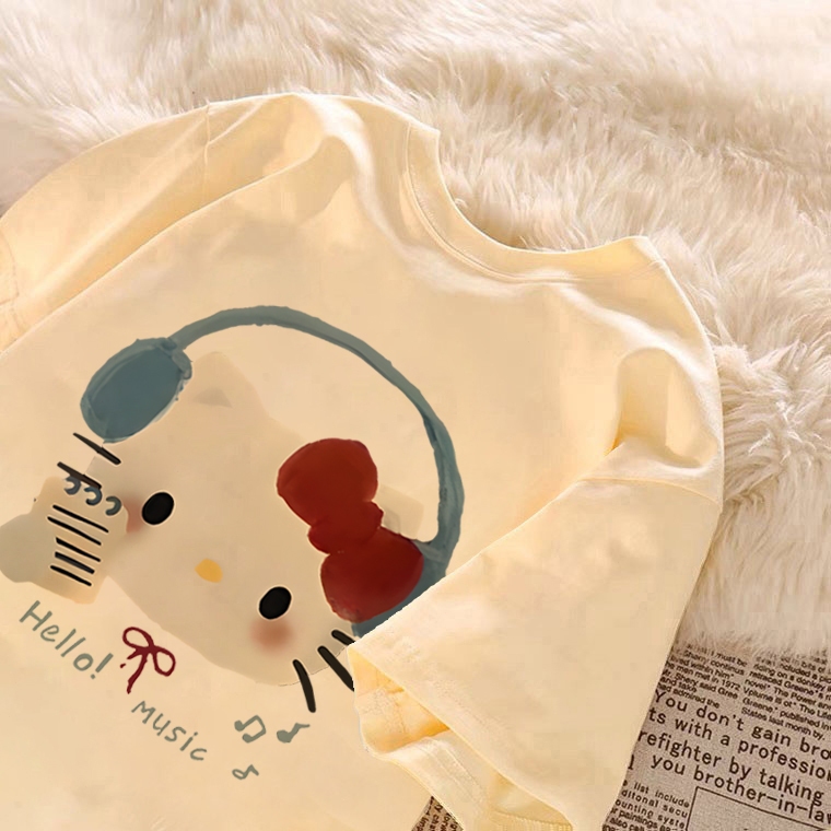 kumikumi Korean cute aesthetic shirt round neck T-shirt for women oversized Hello Kitty print