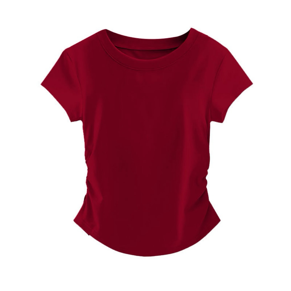 (STOK SEDIA) CNY Myra Red Cotton Round Neck Short Sleeve Slim Fit Top T-shirt 新年款红色纯棉圆领短袖褶皱收腰正肩上衣T恤 READY STOCK
