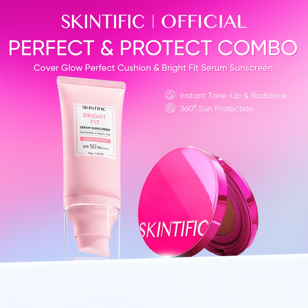 SKINTIFIC Cover Perfect Pink Glow Cushion + BrightFit Serum Sunscreen SPF50 PA++++ Instant Tone-Up & Primer Combo