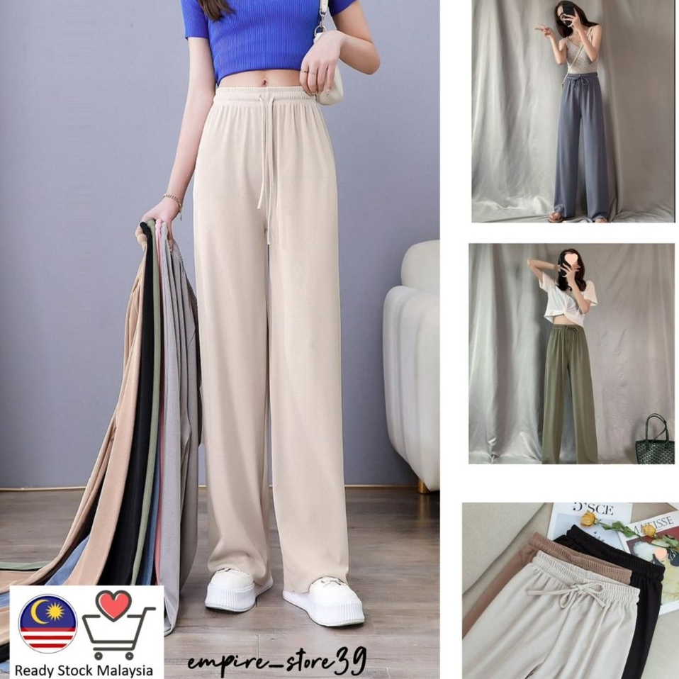 [Ready Stock] Korean Ice Silk wide leg pants high waist slim casual loose