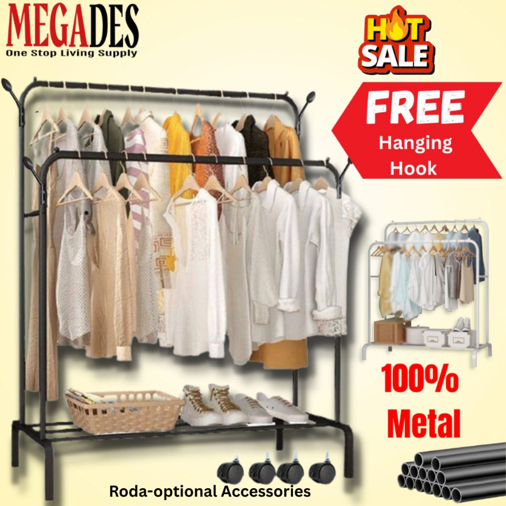 Rak Baju /Single Double Pole Strong Steel Structure Laundry Cloth Rack Organizer / Cloth Hanger Stand / Penyangkut Baju