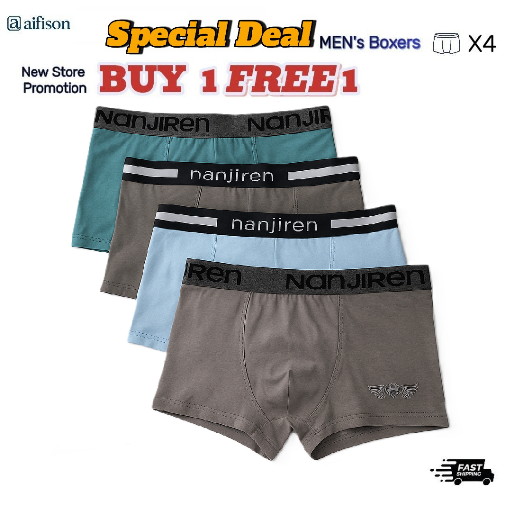 【BUY 1 FREE 1】Boxer Lelaki Selesa Spender Lelaki Murah Men Boxer Cotton Breathable Underwear men 男士纯棉内裤 [4Pcs]