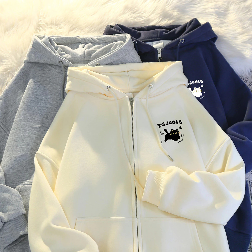 Women's Super Cute Cat Printed Zipper Long Sleeve Hoodie Winter Velvet Thickened Oversize Lazy Style Plus Size Loose Hoo