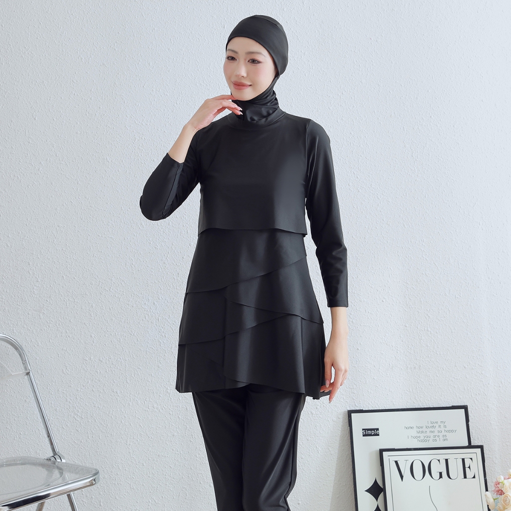 Baju Renang Long Sleeve Muslim Swimsuit 3 Pieces Set Black | Modest Beachwear Full Cover with Hijab | Swimming