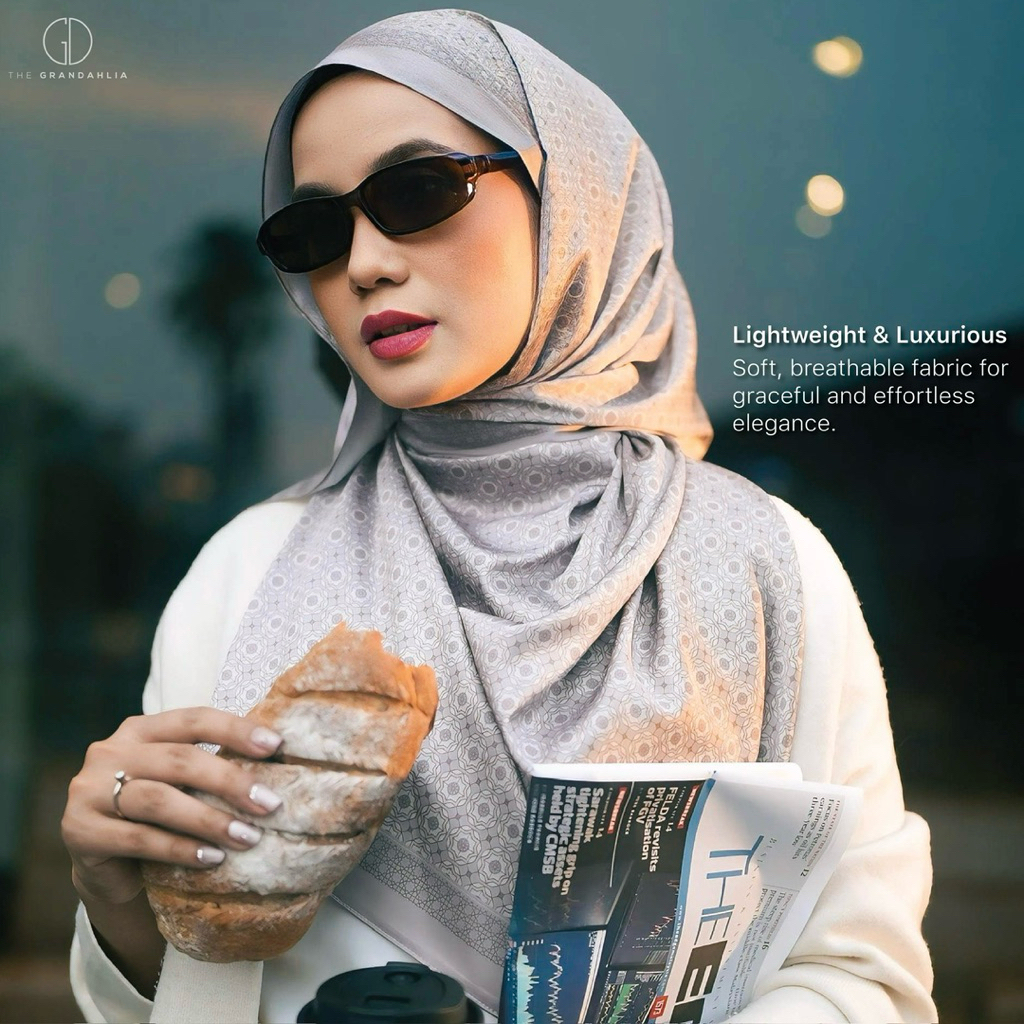 [THE GRANDAHLIA] Hagia- Printed Satin Thai Silk Shawl 1.8 meter| Tak Pekak Telinga| Lembut & Flowy