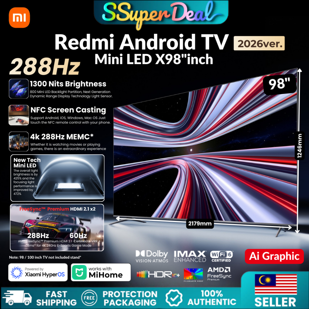 2026 Xiaomi Redmi Smart 4K TV X 98'' 85‘’ 75'' 100inch Mini LED 288Hz Dolby Gaming MEMC FreeSync Premium HDMI2.1 Monitor