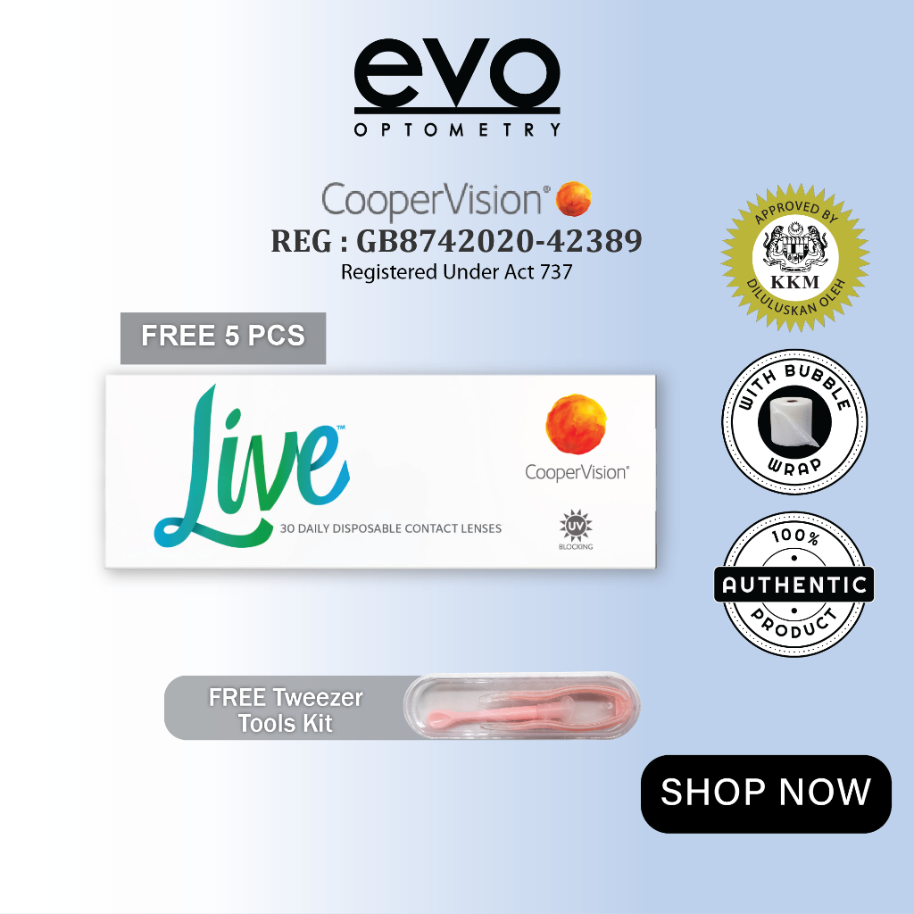 evo CooperVision Live Silicone Hydrogel Daily Contact Lenses (30 pcs) + [FREE 5pcs] + FREE Tweezer Tools Kit