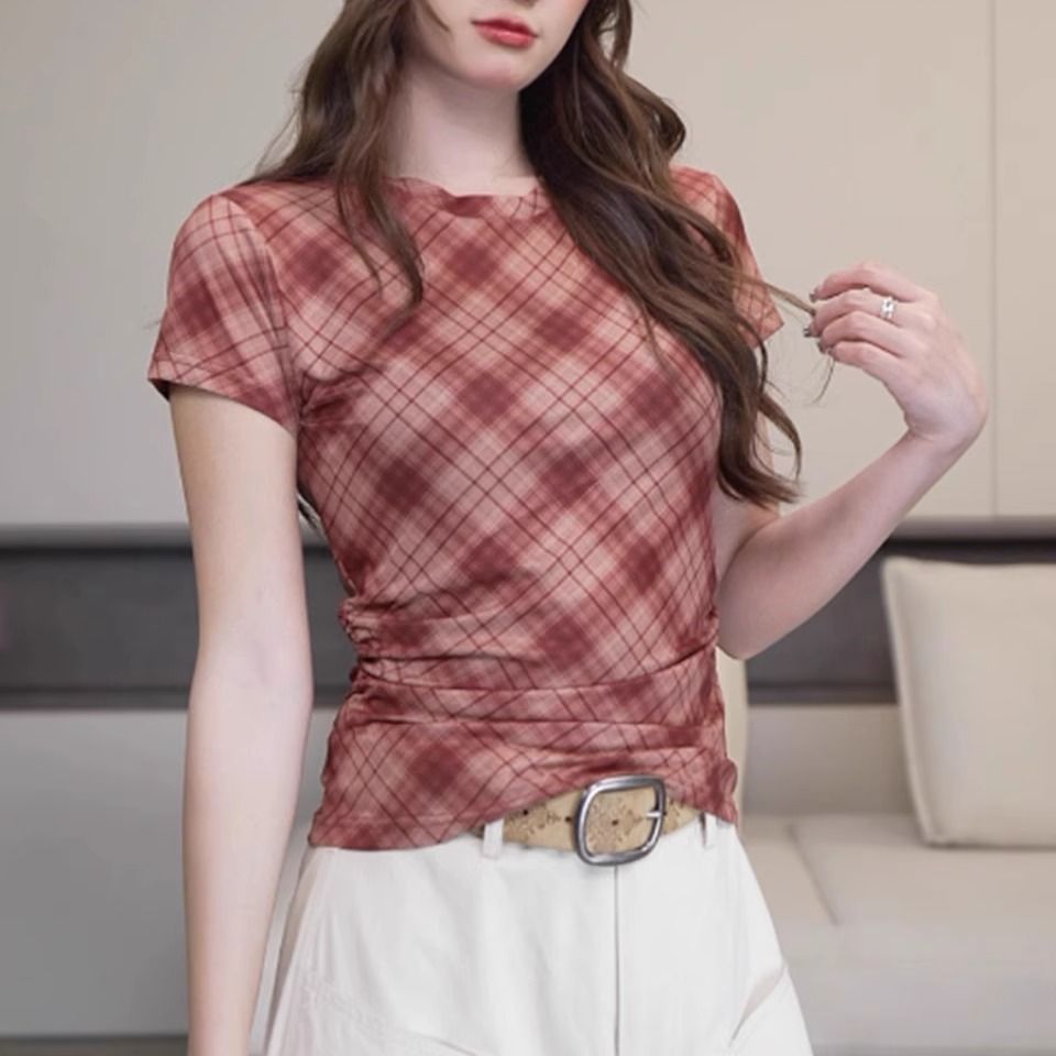 A138_港风复古格子圆领正肩短袖t恤女夏季收腰修身辣妹小个子上衣T恤女