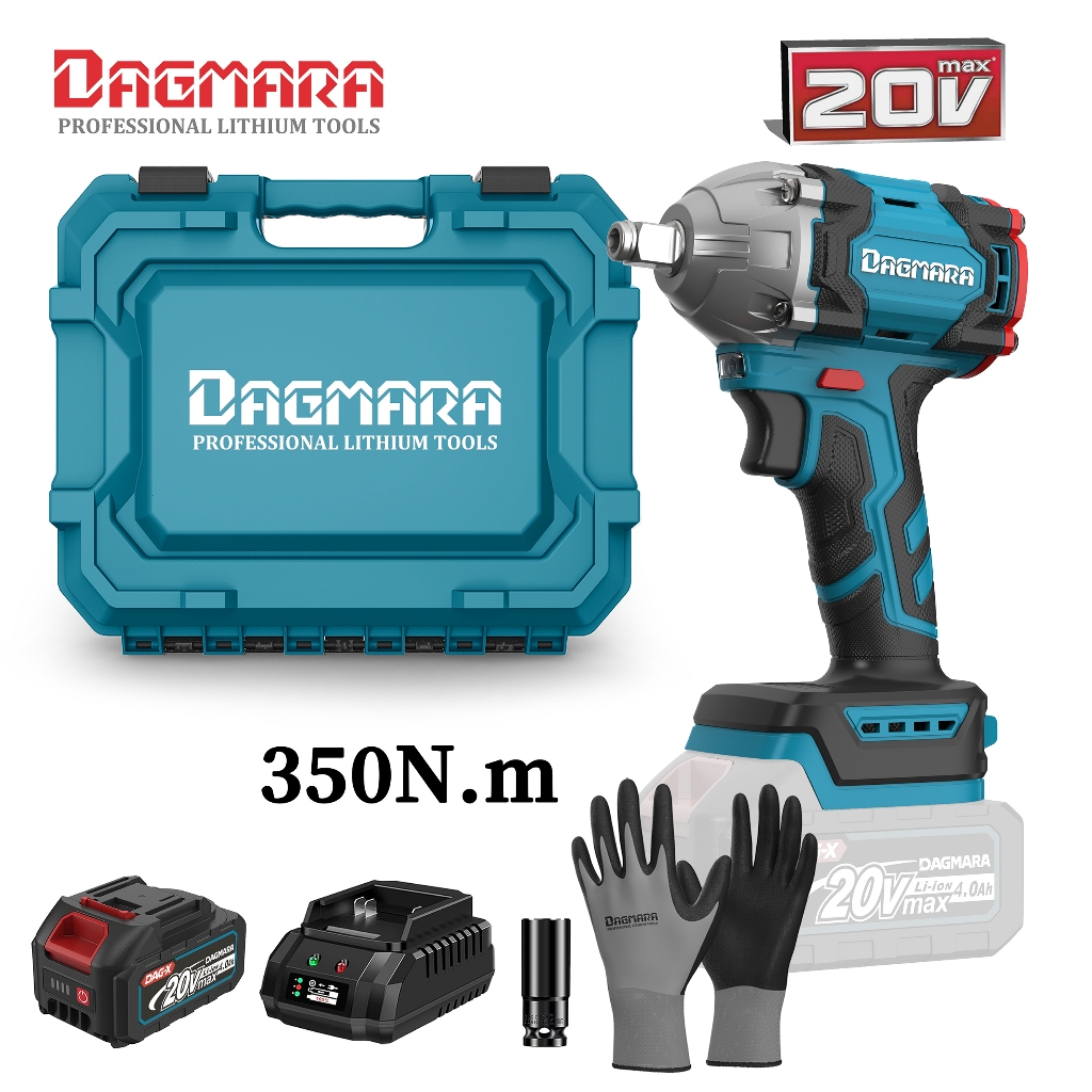 DAGMARA DIW08-350 20V Cordless Impact Wrench, 350N.m, 4.0Ah Li-ion Battery, 1Pcs Driver Sockets Fast Charger, Tool Box